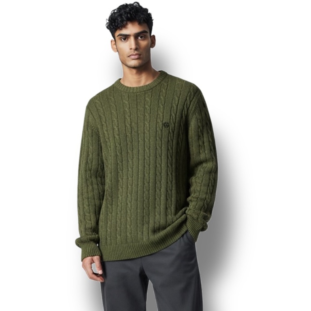 Chaps Mens Crew Neck Cable-knit Sweater VTG 90s Chunky Cotton Preppy Green L